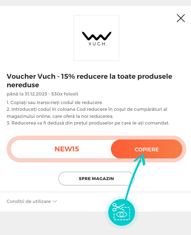 Instrucțiuni privind copierea cod reducere Vuch