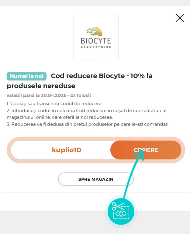 Instrucțiuni privind copierea cod reducere Biocyte