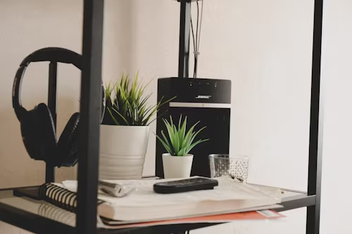 pe etajeră căști negre două ghivece flori artificiale caiet telecomandă