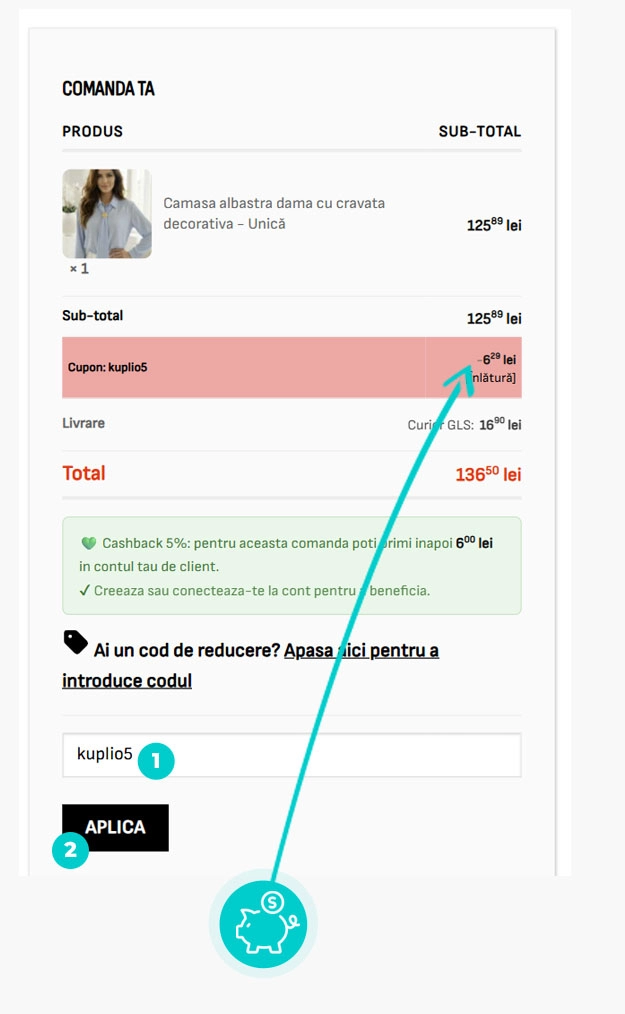 Instrucțiuni privind aplicarea cod reducere în coșul de cumpărături al UniqueStore
