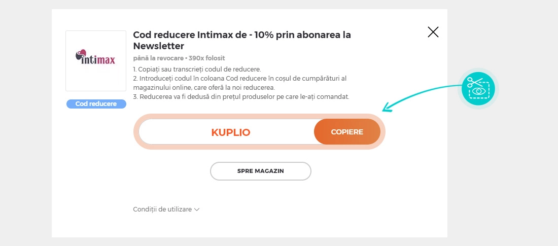 Instrucțiuni privind copierea cod reducere Intimax