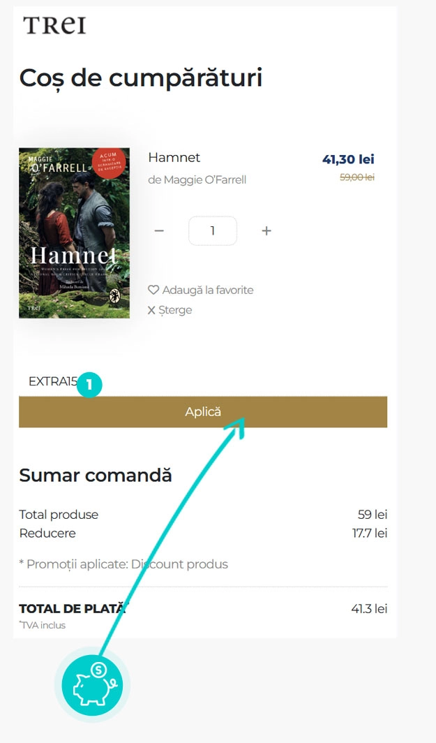 Instrucțiuni privind aplicarea cod reducere în coșul de cumpărături al EdituraTrei