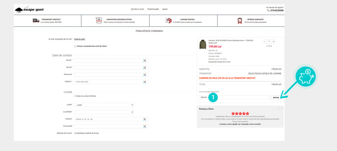 Instrucțiuni privind aplicarea cod reducere în coșul de cumpărături al Escape Sport