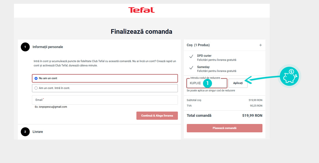 Instrucțiuni privind aplicarea cod reducere în coșul de cumpărături al Tefal