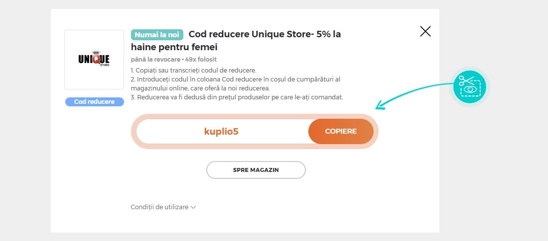Instrucțiuni privind copierea cod reducere UniqueStore