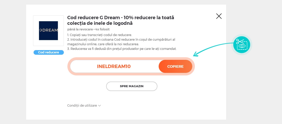 Instrucțiuni privind copierea cod reducere GDream