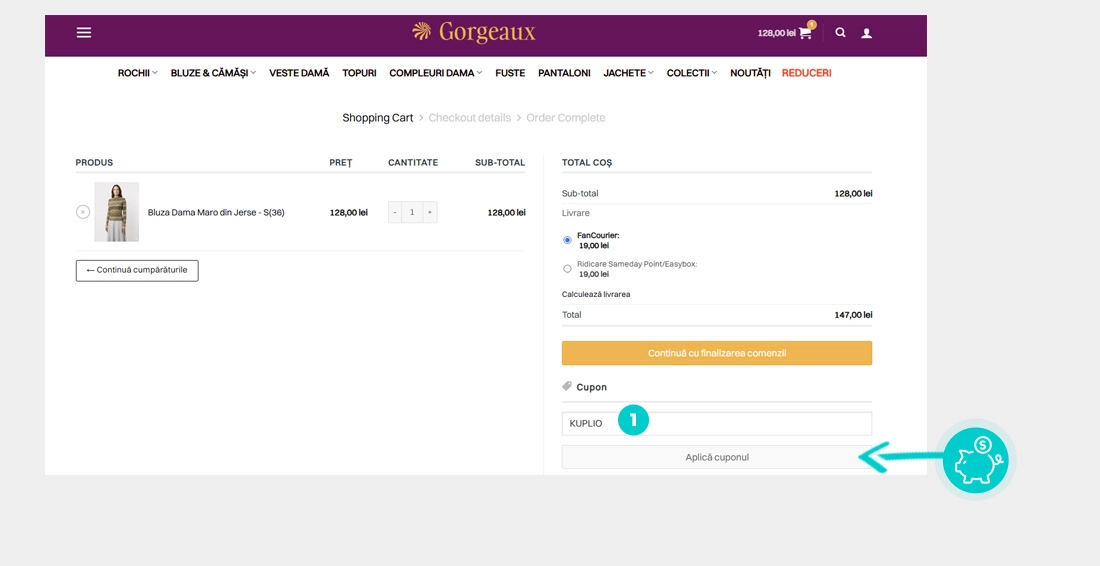 Instrucțiuni privind aplicarea cod reducere în coșul de cumpărături al Gorgeaux