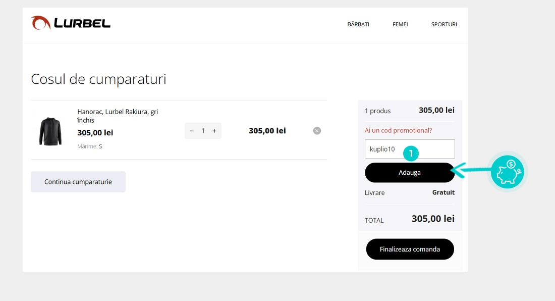 Instrucțiuni privind aplicarea cod reducere în coșul de cumpărături al Lurbel