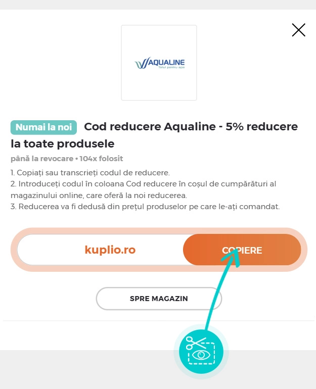 Instrucțiuni privind copierea cod reducere Aqualine