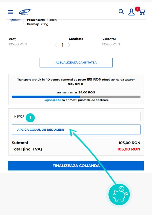 Instrucțiuni privind aplicarea cod reducere în coșul de cumpărături al Pro Nutrition