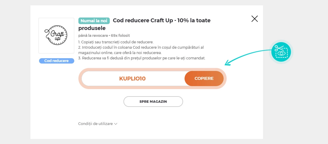 Instrucțiuni privind copierea cod reducere Craft Up
