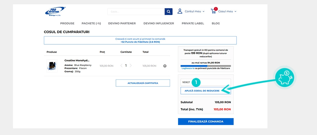 Instrucțiuni privind aplicarea cod reducere în coșul de cumpărături al Pro Nutrition