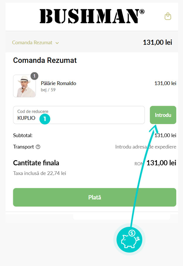Instrucțiuni privind aplicarea cod reducere în coșul de cumpărături al Bushman