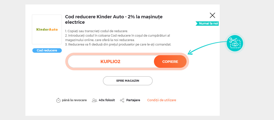 Instrucțiuni privind copierea cod reducere KinderAuto