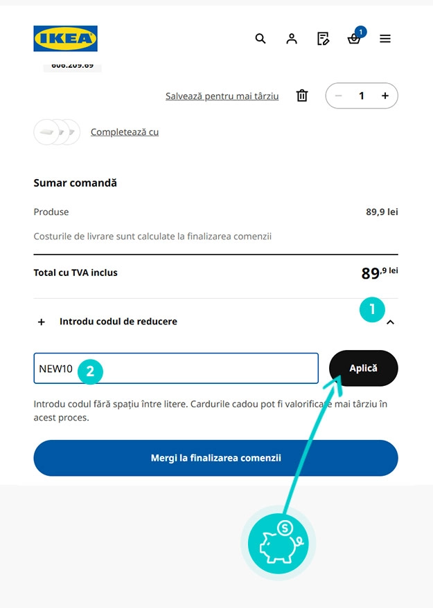 Instrucțiuni privind aplicarea cod reducere în coșul de cumpărături al Ikea