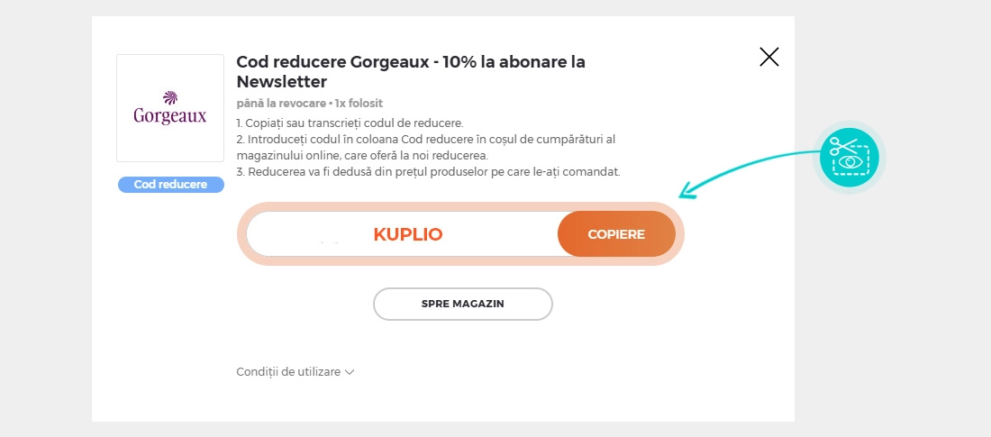 Instrucțiuni privind copierea cod reducere Gorgeaux