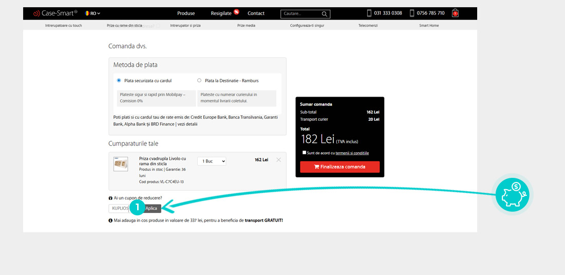 Instrucțiuni privind aplicarea cod reducere în coșul de cumpărături al Case Smart
