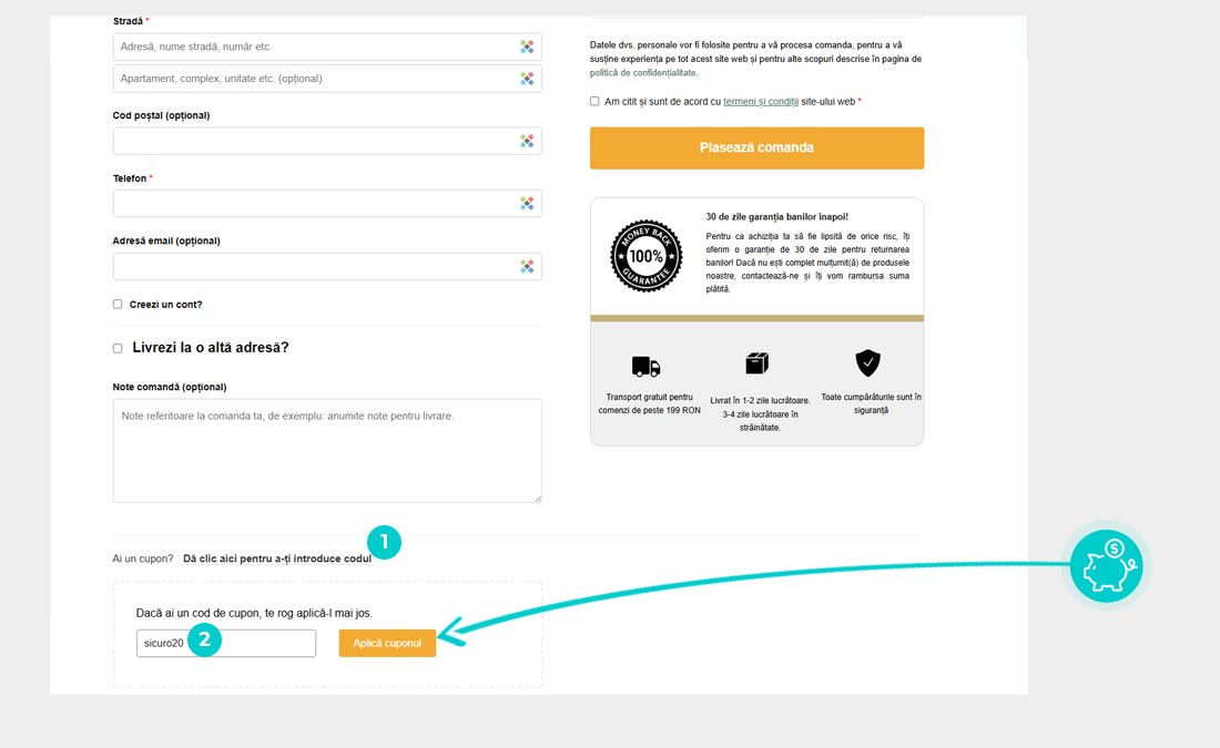 Instrucțiuni privind aplicarea cod reducere în coșul de cumpărături al Sicuro Slim