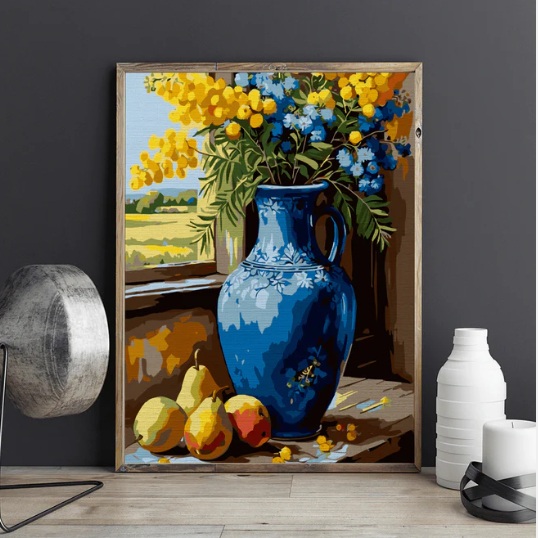 pictură pe numere vază albastră cu flori și pere lângă