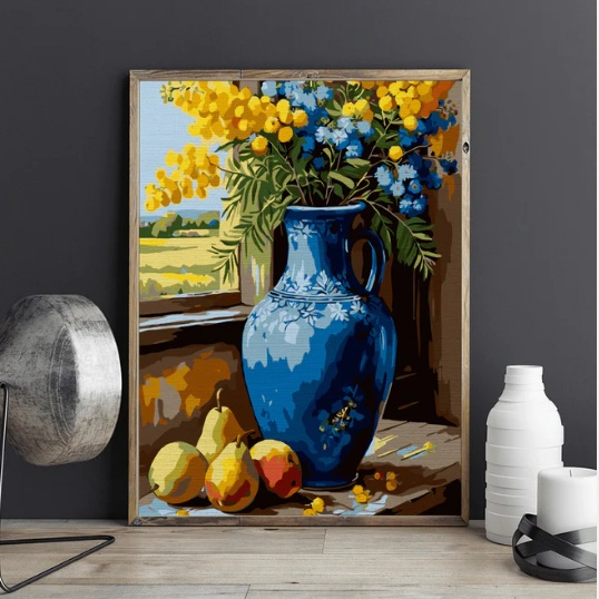 pictură pe numere vază albastră cu flori și pere lângă