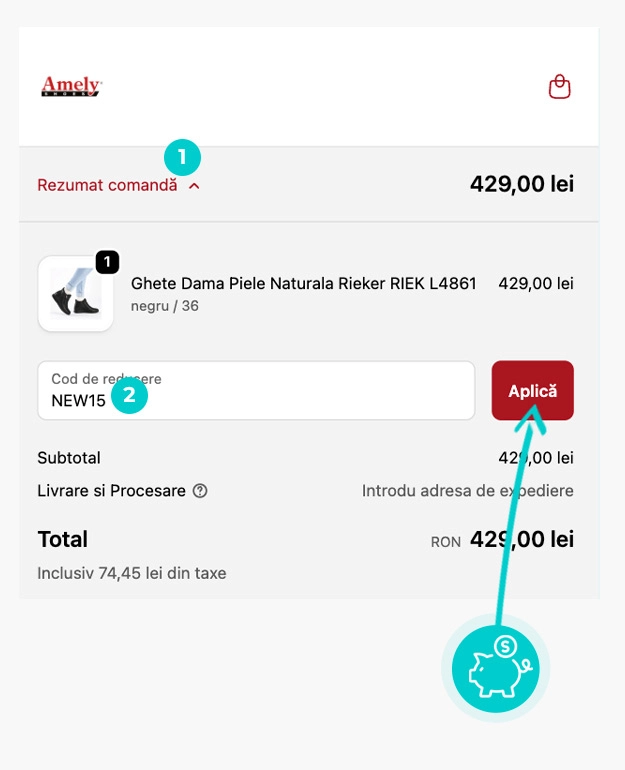 Instrucțiuni privind aplicarea cod reducere în coșul de cumpărături al Amely