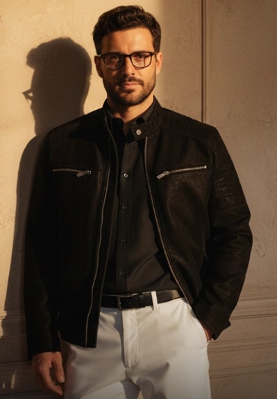 bărbat cu ochelari în geacă piele neagră pantaloni albi