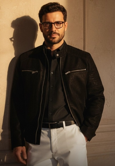 bărbat cu ochelari în geacă piele neagră pantaloni albi