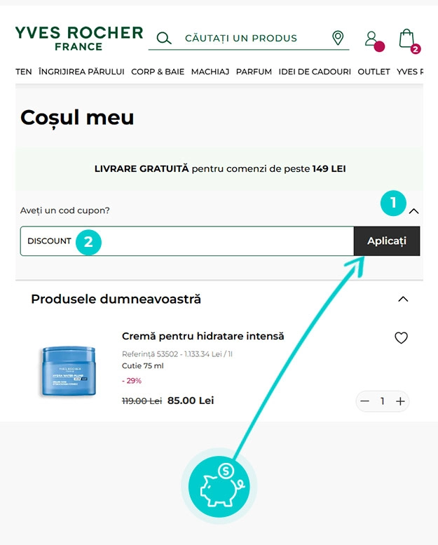Instrucțiuni privind aplicarea cod reducere în coșul de cumpărături al Yves Rocher