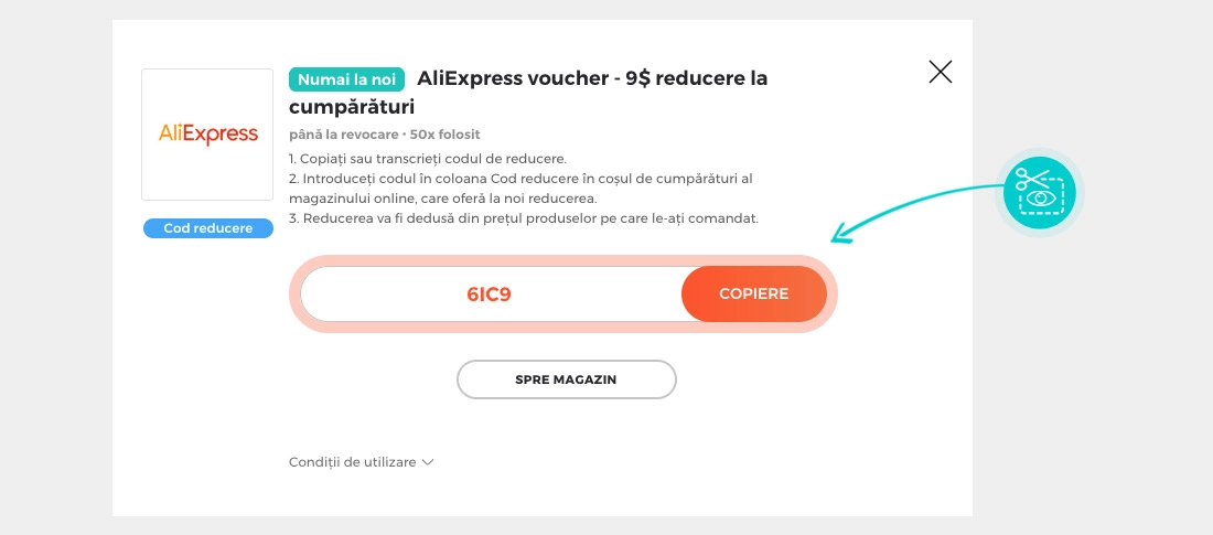 Instrucțiuni privind copierea cod reducere AliExpress