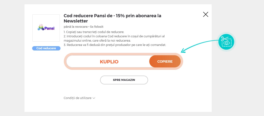 Instrucțiuni privind copierea cod reducere Pansi