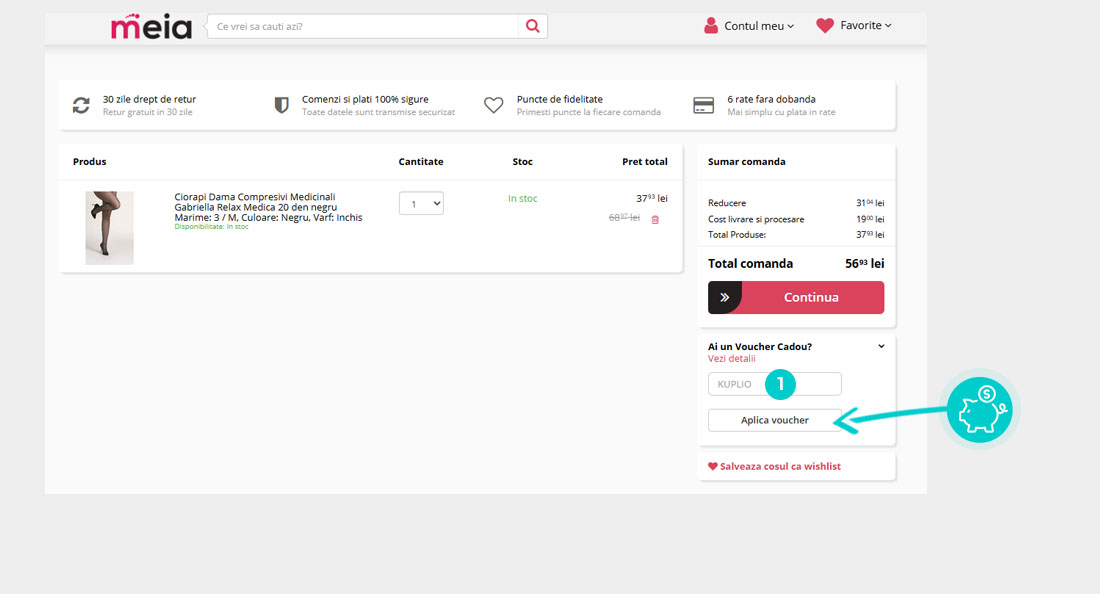 Instrucțiuni privind aplicarea cod reducere în coșul de cumpărături al Meia