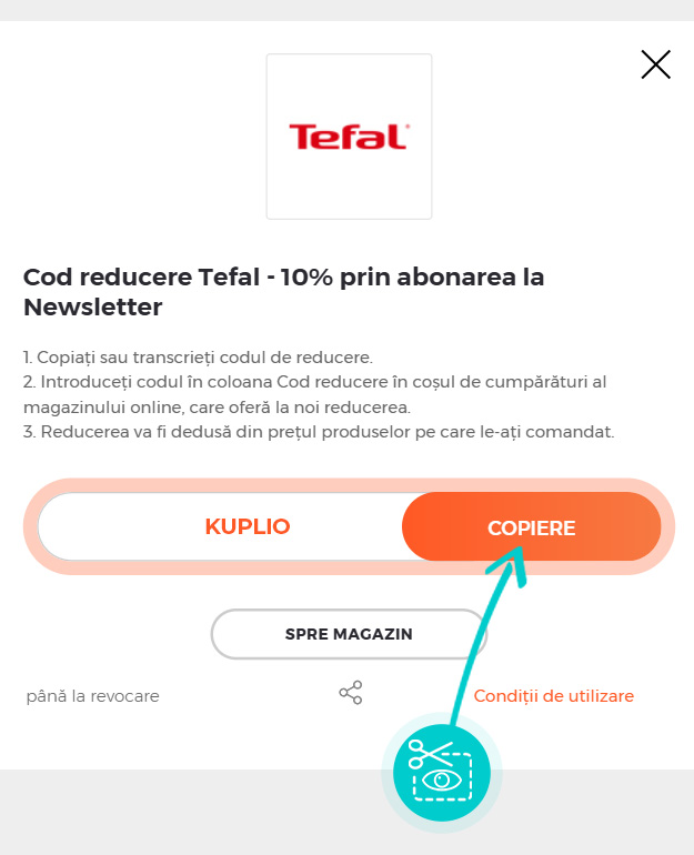 Instrucțiuni privind copierea cod reducere Tefal