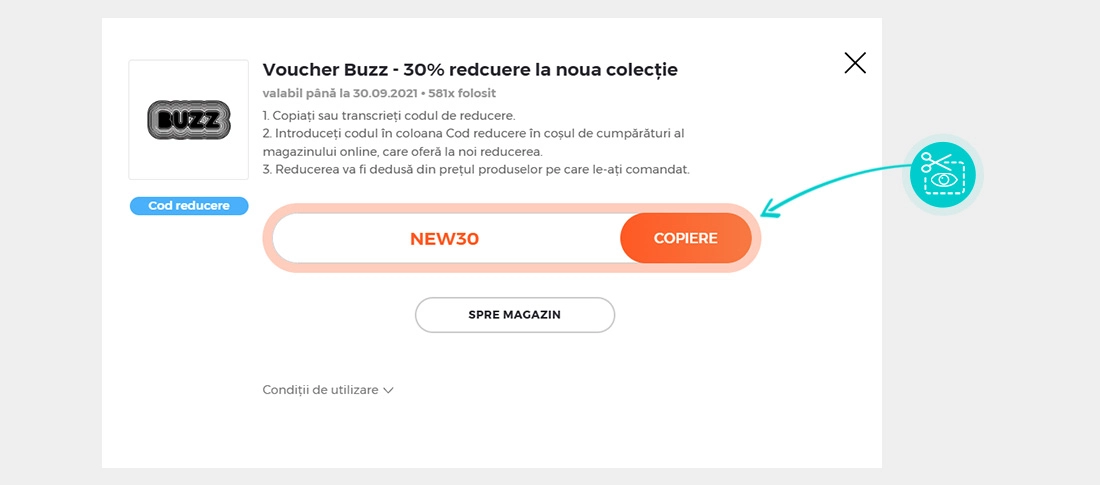Instrucțiuni privind copierea cod reducere Buzz