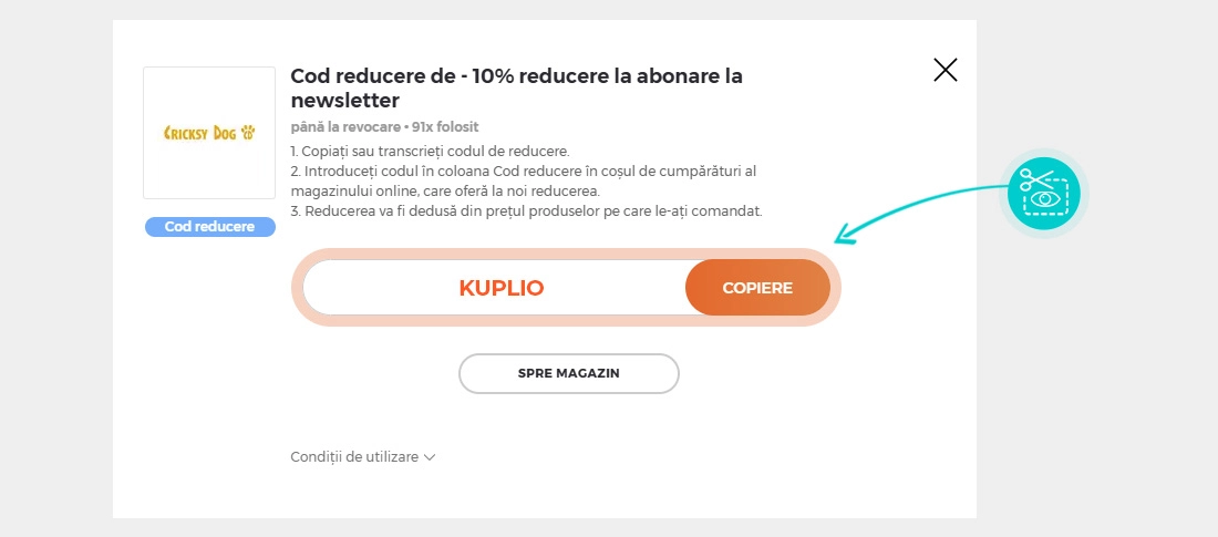 Instrucțiuni privind copierea cod reducere Cricksy Dog