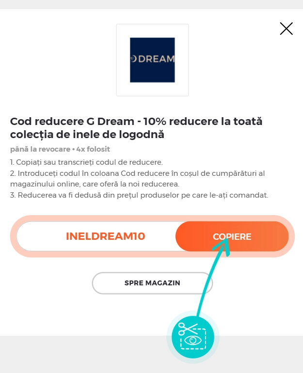 Instrucțiuni privind copierea cod reducere GDream