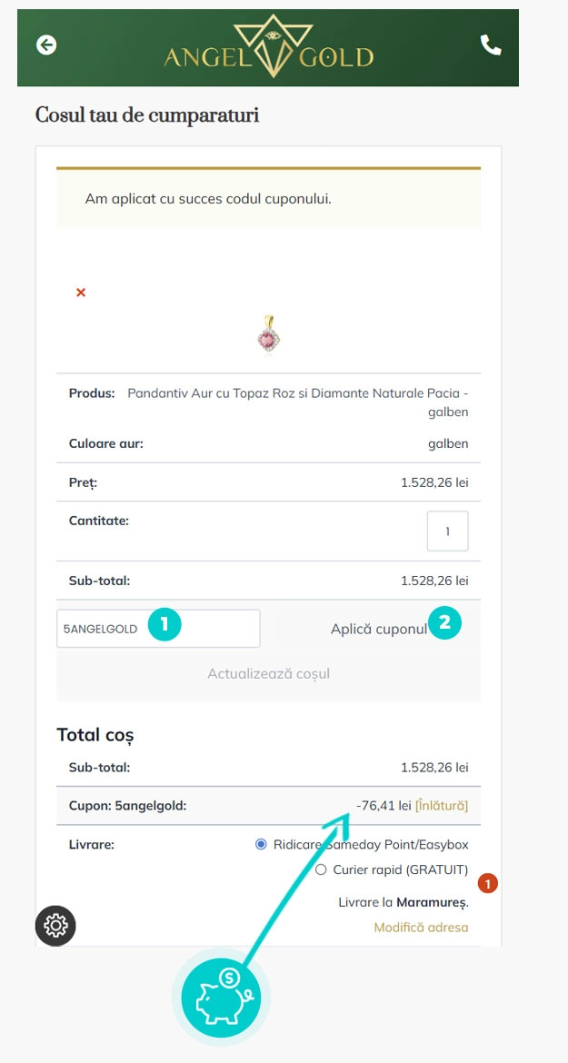 Instrucțiuni privind aplicarea cod reducere în coșul de cumpărături al Angel Gold