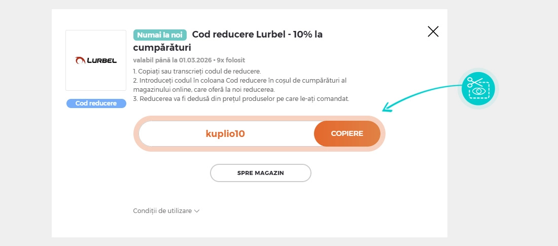 Instrucțiuni privind copierea cod reducere Lurbel