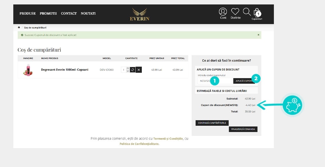 Instrucțiuni privind aplicarea cod reducere în coșul de cumpărături al Everin