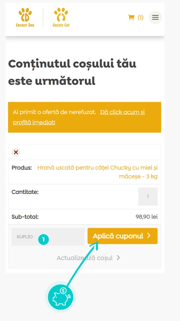 Instrucțiuni privind aplicarea cod reducere în coșul de cumpărături al Cricksy Dog