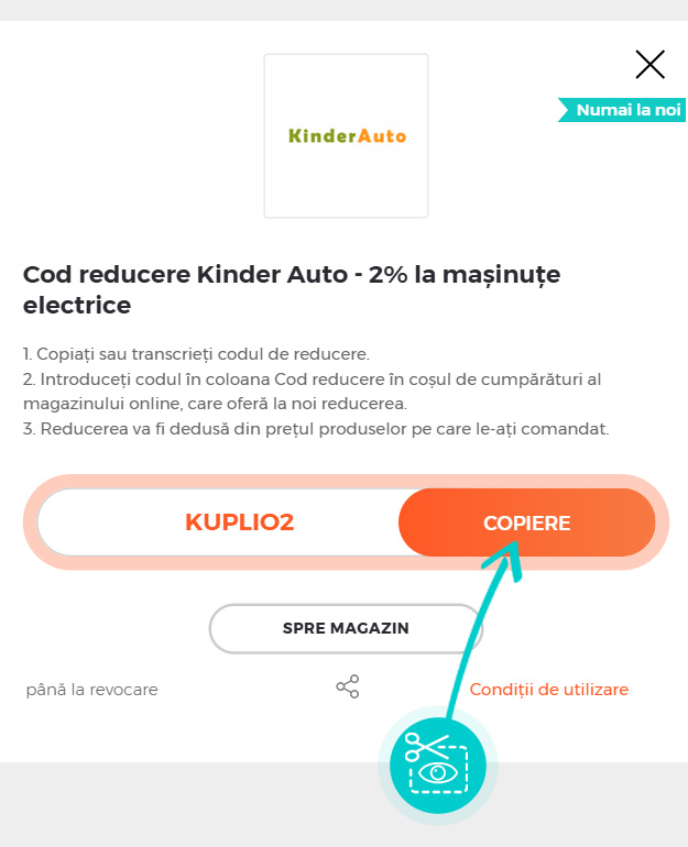 Instrucțiuni privind copierea cod reducere KinderAuto
