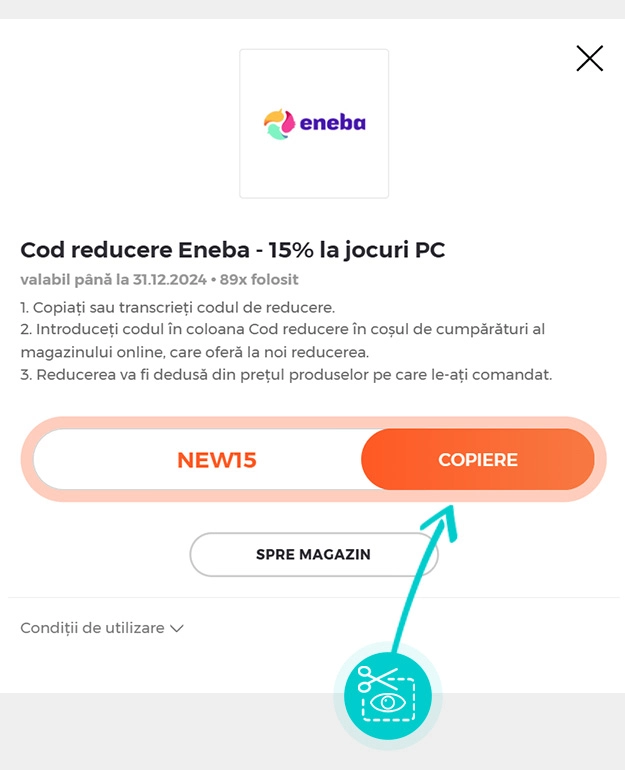 Instrucțiuni privind copierea cod reducere Eneba