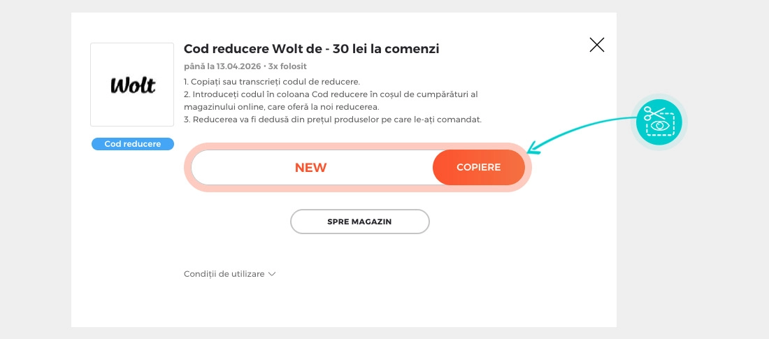 Instrucțiuni privind copierea cod reducere Wolt