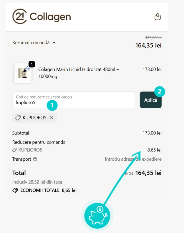 Instrucțiuni privind aplicarea cod reducere în coșul de cumpărături al 21 Collagen