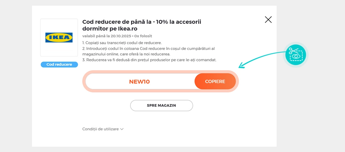 Instrucțiuni privind copierea cod reducere Ikea
