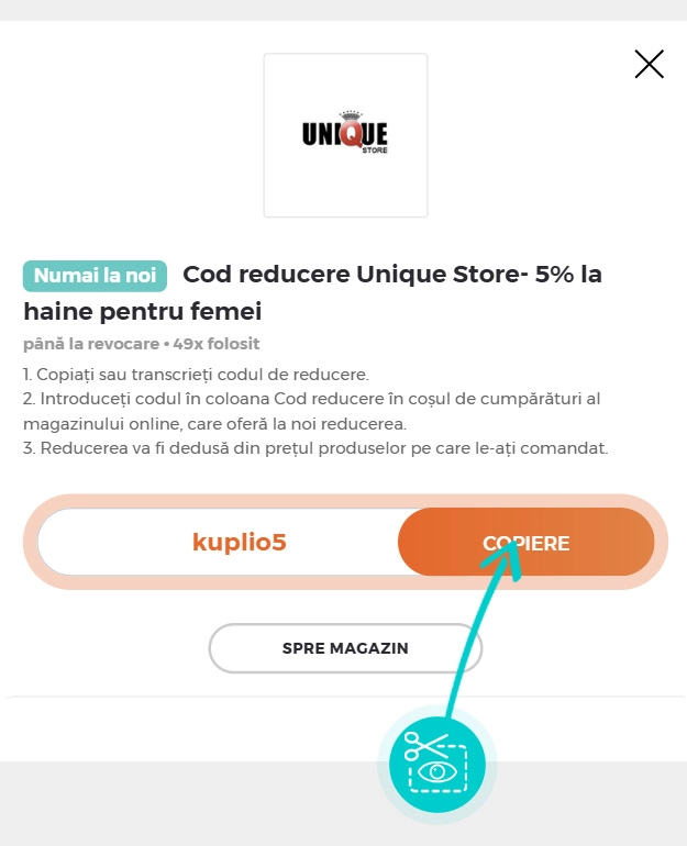 Instrucțiuni privind copierea cod reducere UniqueStore