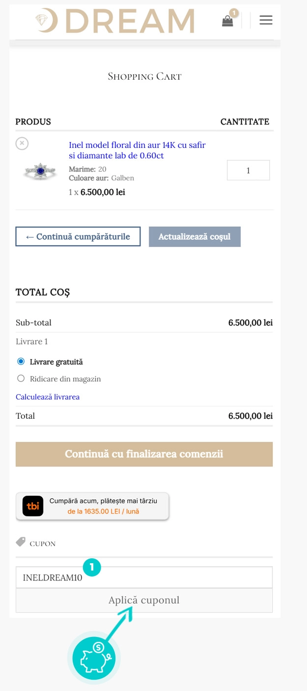 Instrucțiuni privind aplicarea cod reducere în coșul de cumpărături al GDream