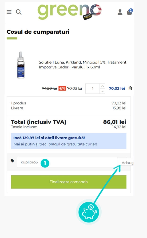 Instrucțiuni privind aplicarea cod reducere în coșul de cumpărături al Greeno