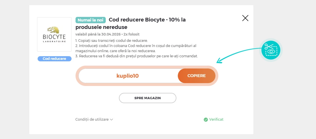 Instrucțiuni privind copierea cod reducere Biocyte