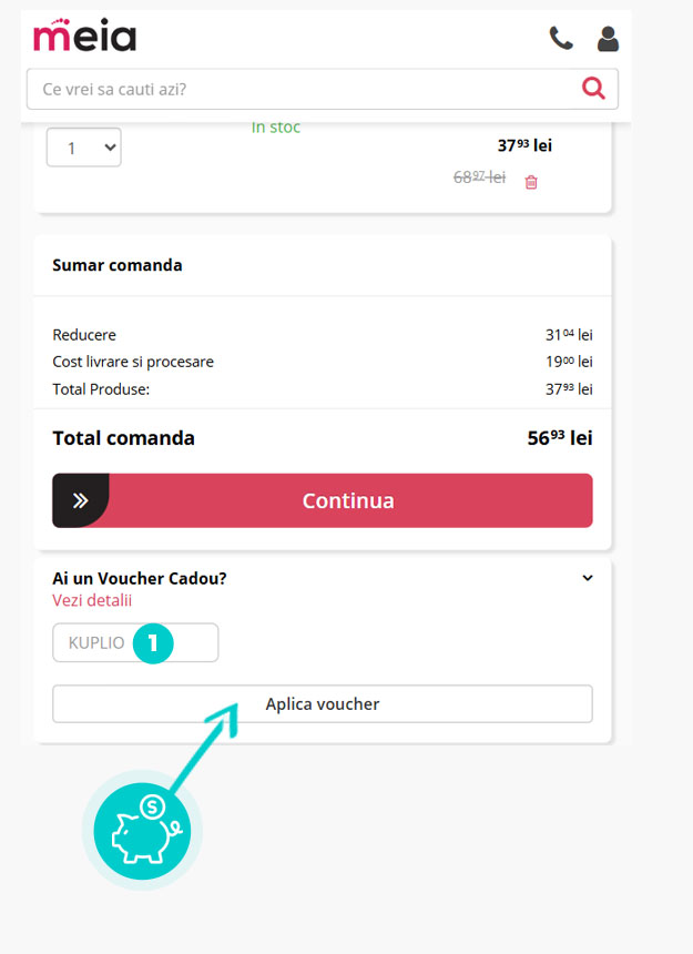 Instrucțiuni privind aplicarea cod reducere în coșul de cumpărături al Meia