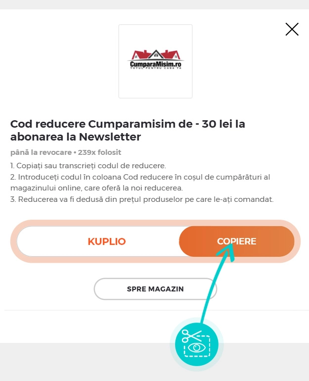Instrucțiuni privind copierea cod reducere Cumparamisim
